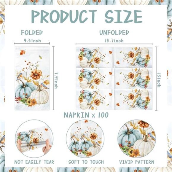 100Pcs Fall Pumpkin Paper Napkins Watercolor Floral Thanksgiving Napkins Fall - Picture 2 of 7